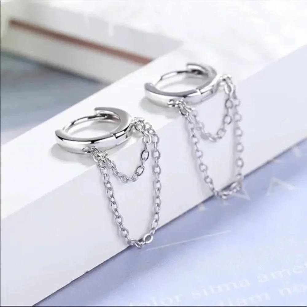 HOOP CHAIN 925 STERLING SILVER EARRINGS, NICE EARRINGS, CUTE EARRINGS - Picture 2 of 5